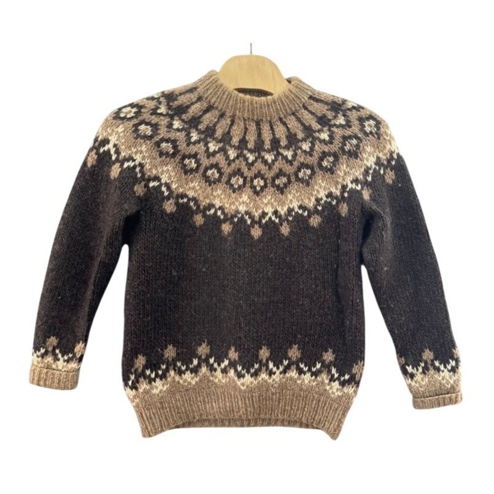 Viking Iceland Style Mens XL Pure New Wool Fair Isle Nordic Sweater Brown Tan